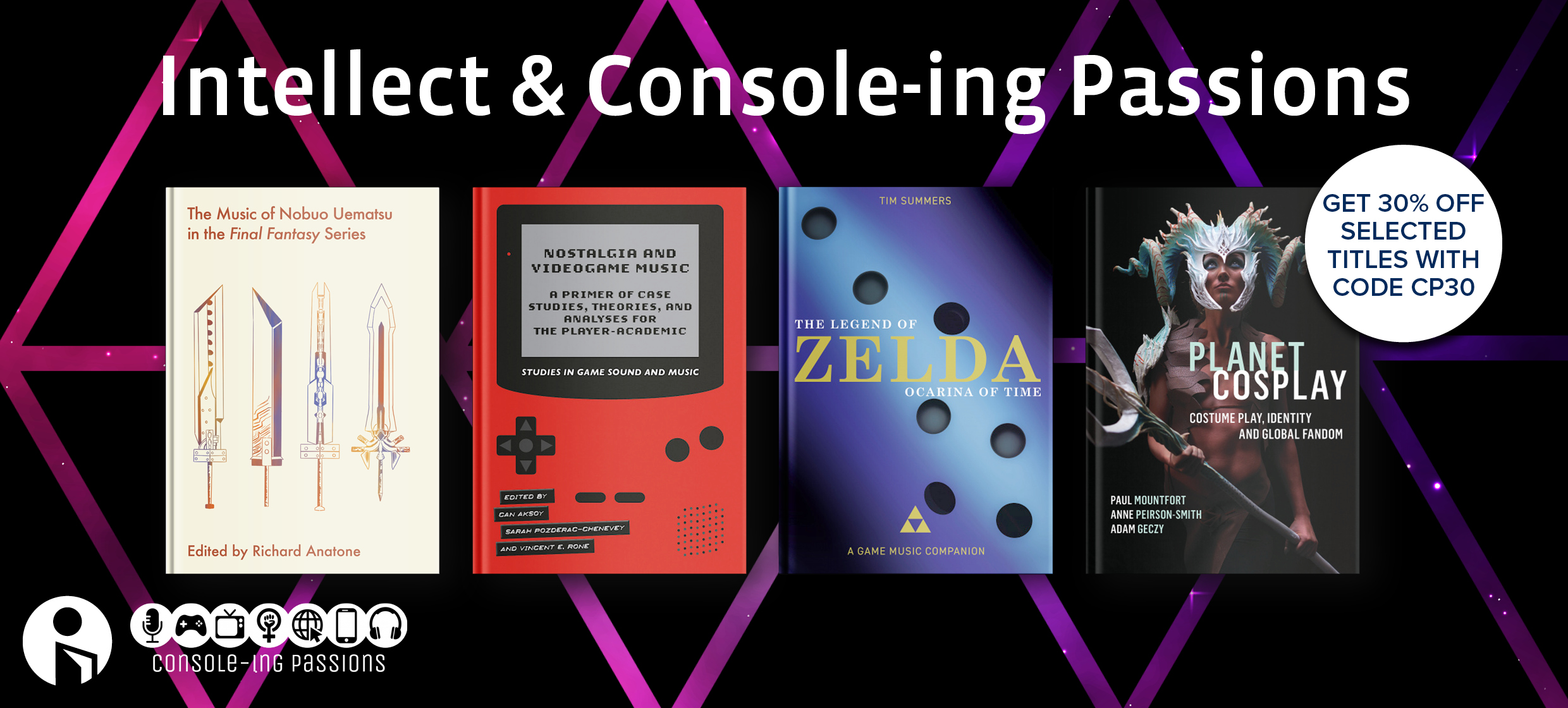 Banner showing 4 book covers in Games Studies and offering 30% off with code CP30
