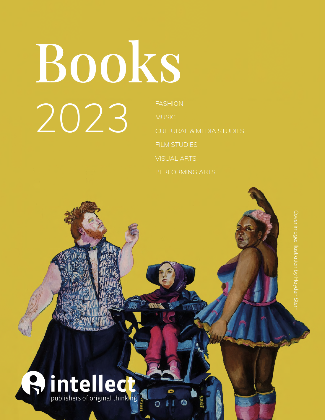 Front cover of Intellect's Books Catalogue 2023, featuring a mostly yellow cover with three illustrated people looking up to the title