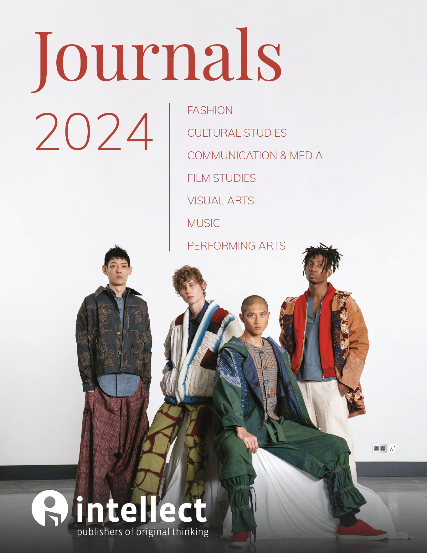 Cover of Intellect' Journals Catalogue 2024, a group of people dressed baggy hip clothes sitting in front of a grey backdrop